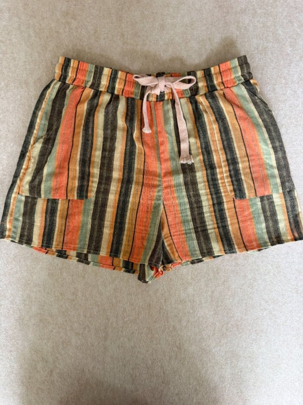 Womens XL Coral Striped Shorts Elastic Waist Drawstring Casual Summer 1018